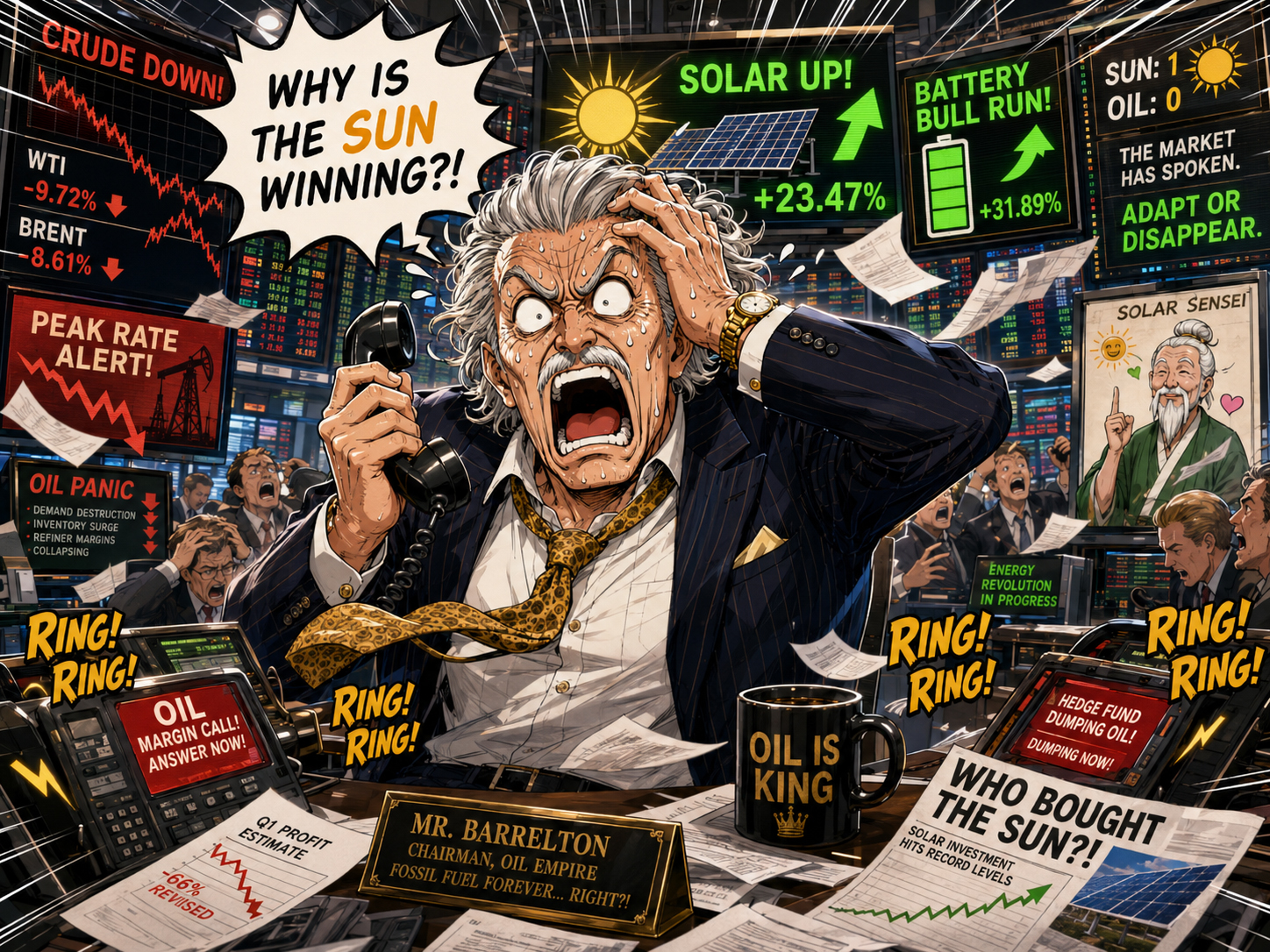 Mr. Barrelton panics on the trading floor