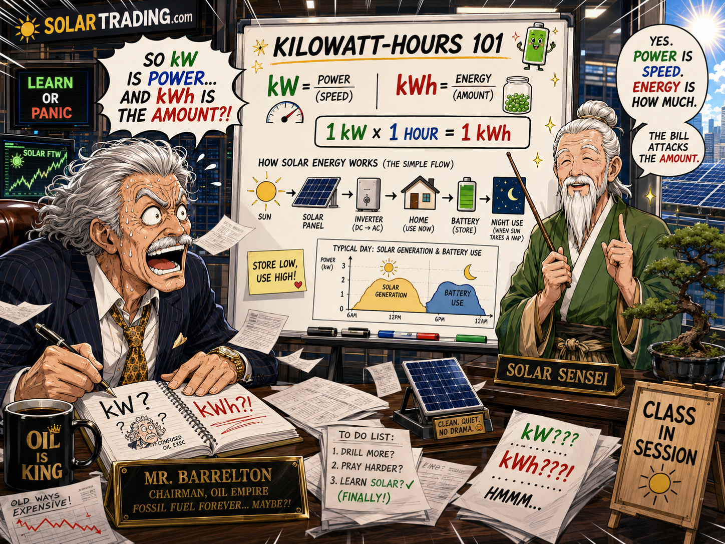 Solar Sensei explains kilowatt-hours to the confused oil executive